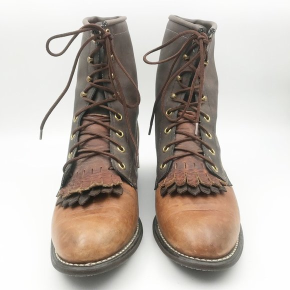 TEXAS Womens Keltie Fringe Lace Up Brown Leather Equestrian Boots Womens 7 - Picture 2 of 11